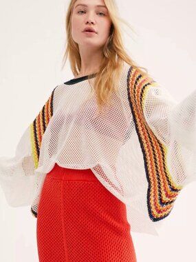 We The Free Mesh Crochet Knit‎ Long Sleeve Top L White With Multicolor Stripes